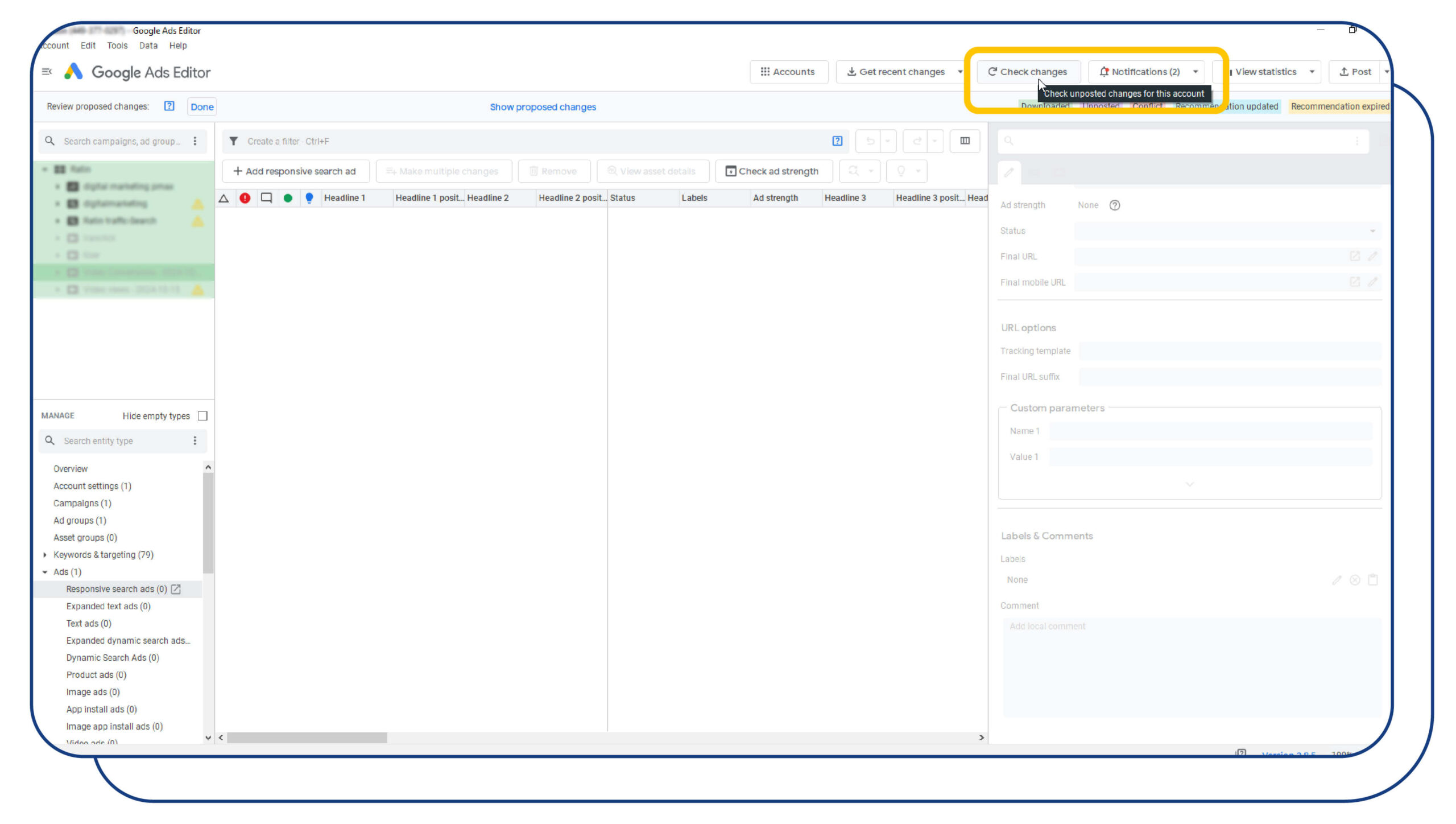 Check Changes in google ads editor