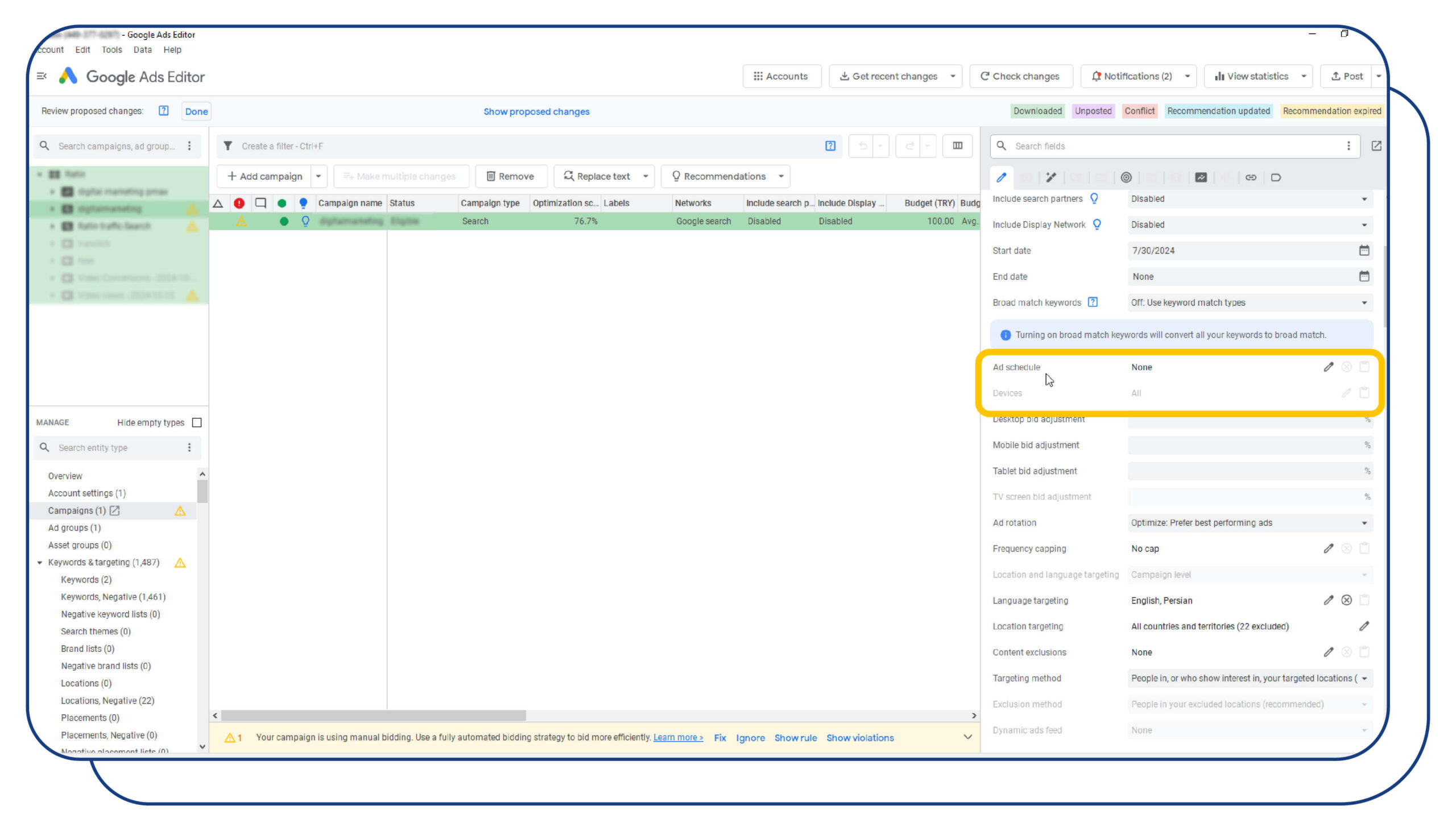 Ad Schedule in google ads editor